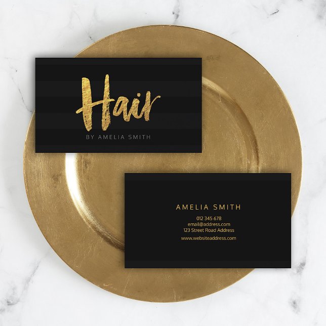 Tarjeta De Visita Elegantes rayas negras Pincel Script Hair Stylist (Subido por el creador)