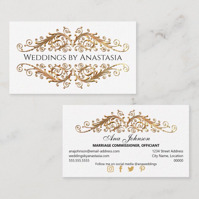 Tarjeta De Visita Elegantes Remolinos de Oro (Anverso / Reverso)
