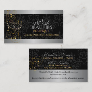 Tarjeta De Visita Elegantes remolinos de oro y damasco negro