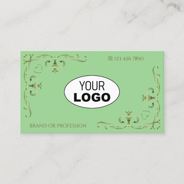 Tarjeta De Visita Elegantes rincones dorados del Sage Green con logo (Anverso)