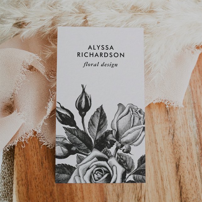 Tarjeta De Visita Elegantes Rosas de té de época | Blanco y negro (Subido por el creador)
