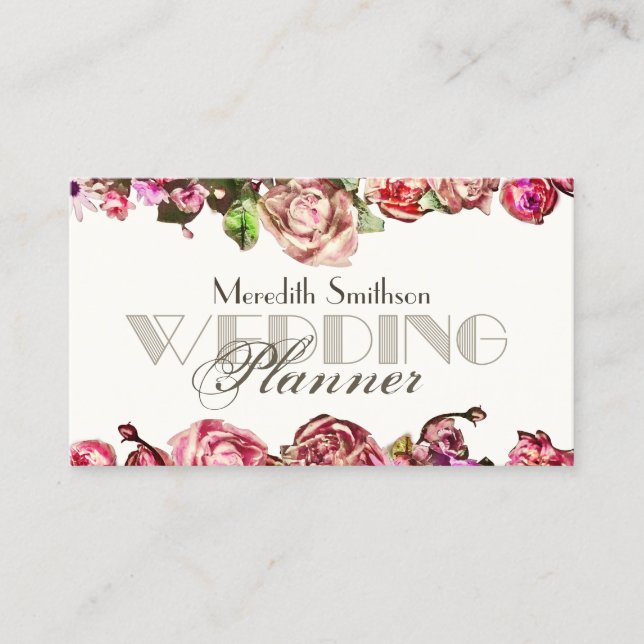 Tarjeta De Visita Elegantes Rosas Floral Profesional Wedding Planner (Anverso)