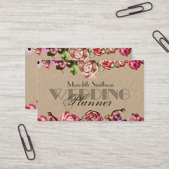 Tarjeta De Visita Elegantes Rosas Floral Profesional Wedding Planner (Anverso/Reverso In Situ)