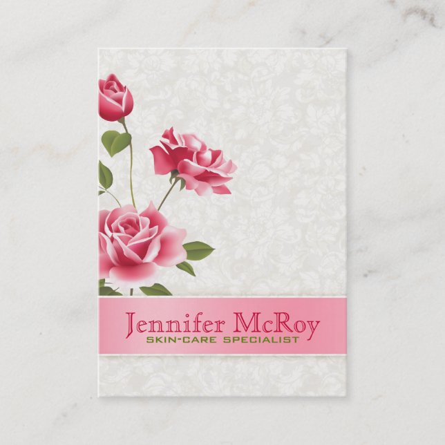 Tarjeta De Visita Elegantes rosas rosadas Aplastan damascos blancos (Anverso)