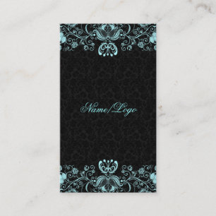Tarjeta De Visita Elegantes Swirls Florales Negras y Pastel Azules