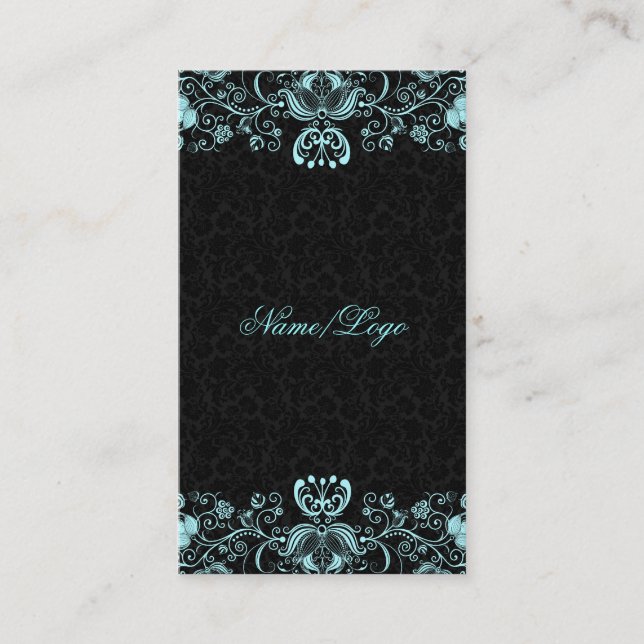 Tarjeta De Visita Elegantes Swirls Florales Negras y Pastel Azules (Anverso)