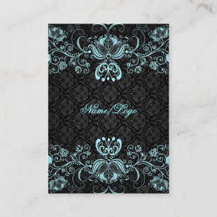 Tarjeta De Visita Elegantes Swirls Florales Negras y Pastel Azules
