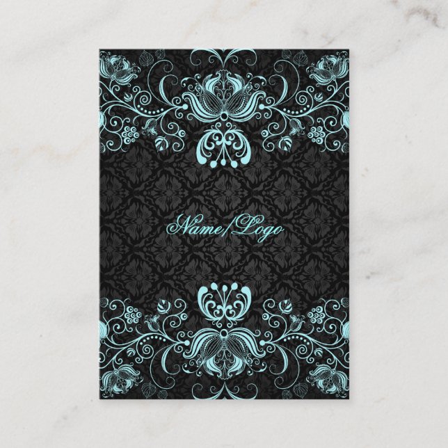 Tarjeta De Visita Elegantes Swirls Florales Negras y Pastel Azules (Anverso)