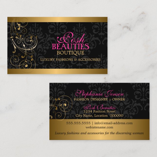 Tarjeta De Visita Elegantes Swirls Gold y Damask (Anverso / Reverso)