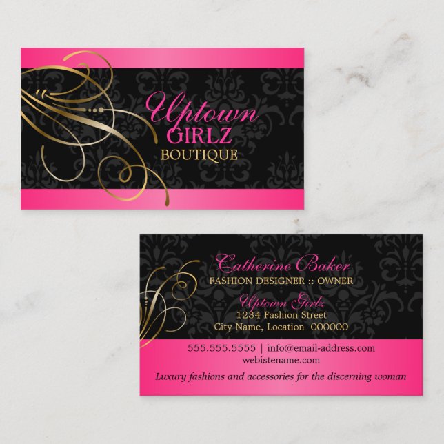 Tarjeta De Visita Elegantes Swirls Gold y Damask negro (Anverso / Reverso)