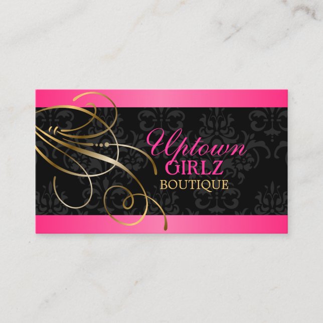 Tarjeta De Visita Elegantes Swirls Gold y Damask negro (Anverso)