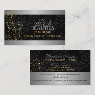 Tarjeta De Visita Elegantes Swirls Gold y Damask negro