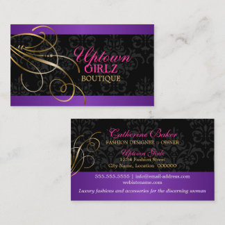 Tarjeta De Visita Elegantes Swirls Gold y Damask negro