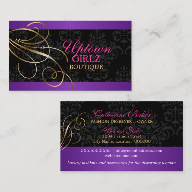 Tarjeta De Visita Elegantes Swirls Gold y Damask negro (Anverso / Reverso)