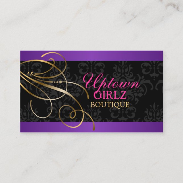 Tarjeta De Visita Elegantes Swirls Gold y Damask negro (Anverso)