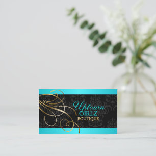 Tarjeta De Visita Elegantes Swirls Gold y Damask negro