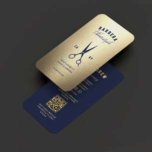 Tarjeta De Visita Elegantes tijeras de oro barber-azules modernas
