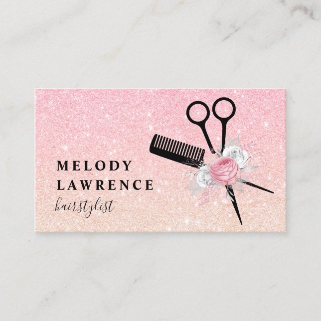 Tarjeta De Visita Elegantes tijeras de rosa dorado peinado peine (Anverso)