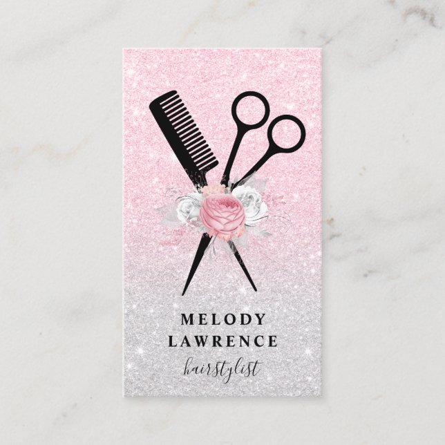 Tarjeta De Visita Elegantes tijeras de rosa dorado peinado peine (Anverso)