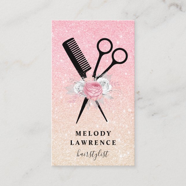 Tarjeta De Visita Elegantes tijeras de rosa dorado peinado peine (Anverso)