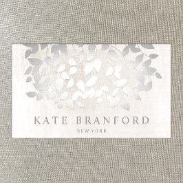 Tarjeta De Visita Elegantes Y Únicas Hojas De Plata En Mármol Blanco