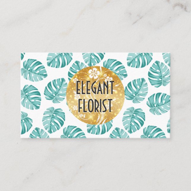 Tarjeta De Visita Elementos florales del patrón de hojas de monstera (Anverso)