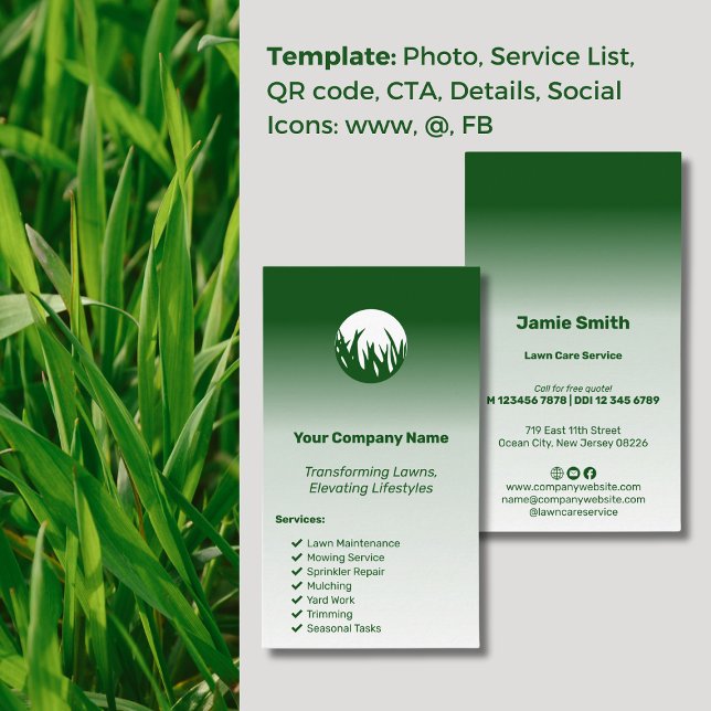 Tarjeta De Visita Elevación de los estilos de vida Personalizado Cui (Elevating Lifestyles Custom Green Lawn Care Business Card, Grass Logo, Slogan, Service List)