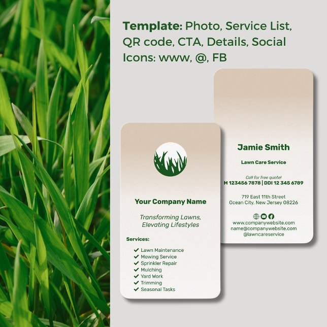 Tarjeta De Visita Elevación de los estilos de vida Personalizado Cui (Elevating Lifestyles Custom Lawn Care Business Card, Green Grass Logo, Service List, Icons)