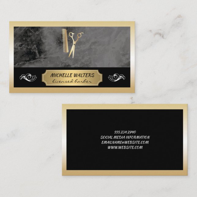 Tarjeta De Visita Elite Barber | Borde de oro de mármol negro (Anverso / Reverso)