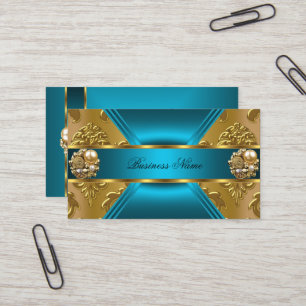 Tarjeta De Visita Elite Business Verde azulado Blue Gold Damask Jewe