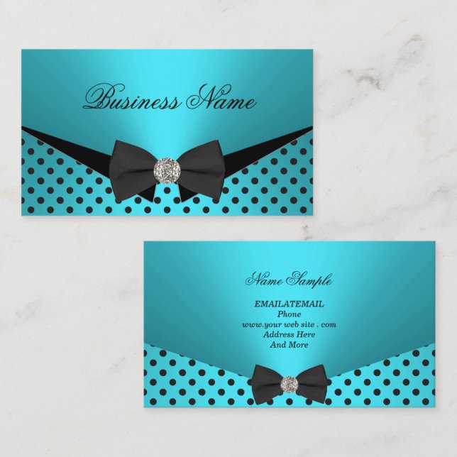 Tarjeta De Visita Elite Business Verde azulado Polka Azul puntos Bow (Anverso / Reverso)