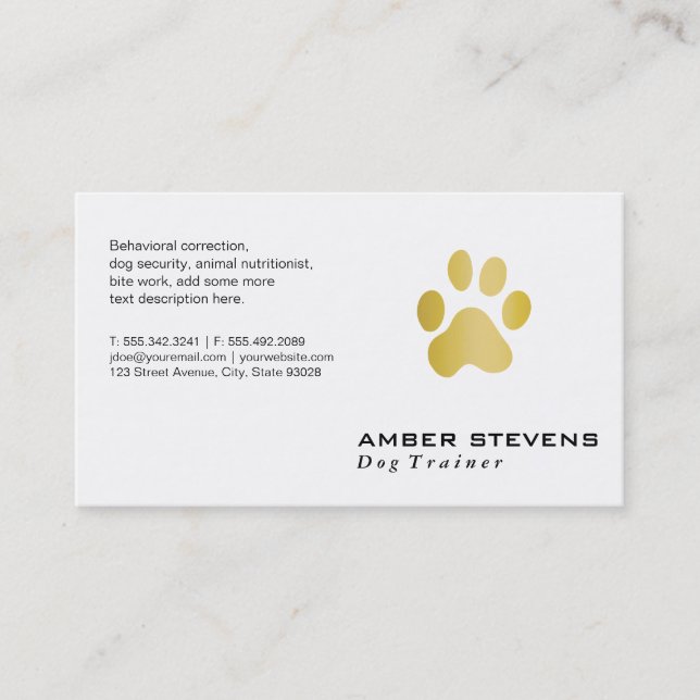 Tarjeta De Visita Elite Dog Trainer Golden Paw (Anverso)