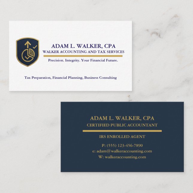 Tarjeta De Visita Elite Navy & Gold CPA Tax Preparer Business Card (Anverso / Reverso)