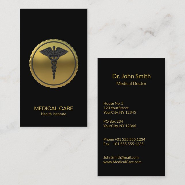 Tarjeta De Visita Emblema médico Caduceo de oro 3D profesional (Anverso / Reverso)
