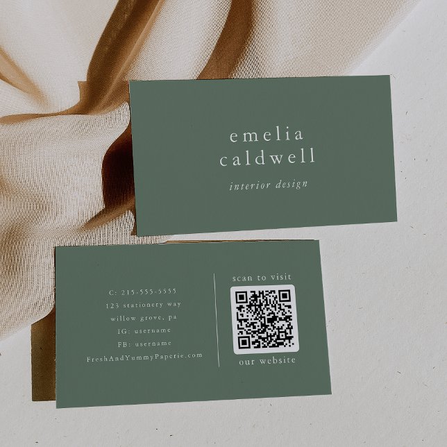 Tarjeta De Visita EMELIA Moderno Sage Green Olive Boho Rustic QR Cod (EMELIA Modern Sage Green Olive Boho Rustic QR Code Business Card)