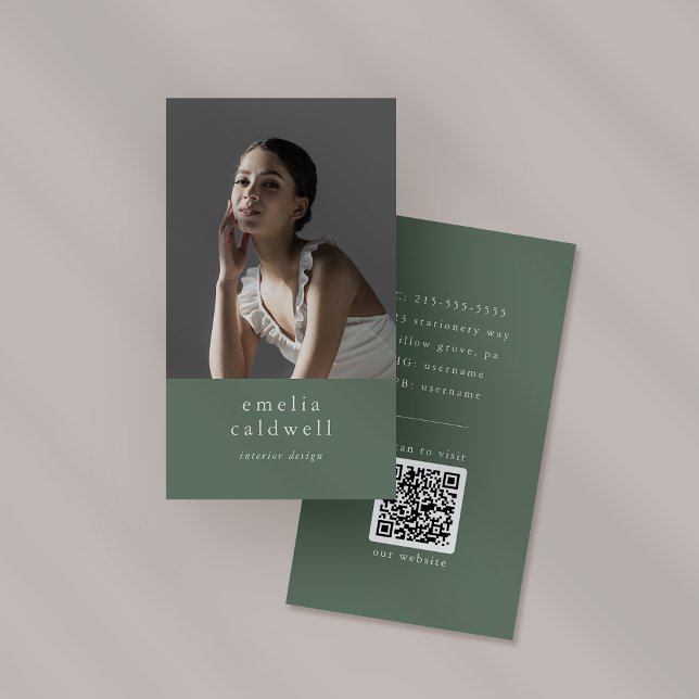 Tarjeta De Visita EMELIA Sage Green Boho Rustic Simple Moderno Photo (EMELIA Sage Green Boho Rustic Simple Modern Photo Business Card)