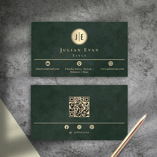 Tarjeta De Visita Emerald Green Monogram Modern Scannable Qr Code (Emerald Green Monogram Modern Scannable Qr Code Business Card)