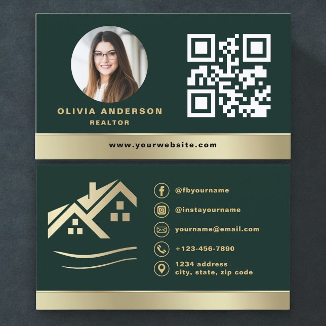 Tarjeta De Visita Emerald Green QR Code Gold House Real Estate (Subido por el creador)