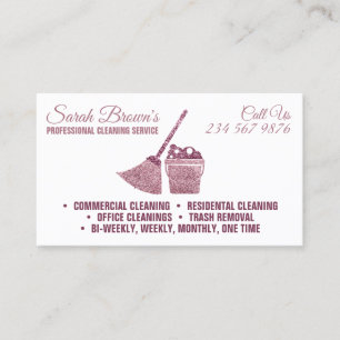 Tarjeta De Visita Empleada de limpieza blanca y rosa con brillo de l