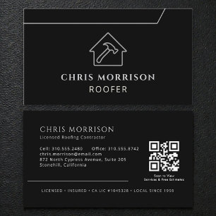 Tarjeta De Visita Empresa de techado con código QR moderno en negro