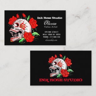 Tarjeta De Visita Empresa Gothic Elegant Skull Y Red Roses Studio