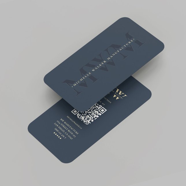 Tarjeta De Visita Empresa moderna Monograma Marketing Marina Azul os (Modern Company Monogram Marketing Dark Blue Gold Professional Business Card with QR Code)