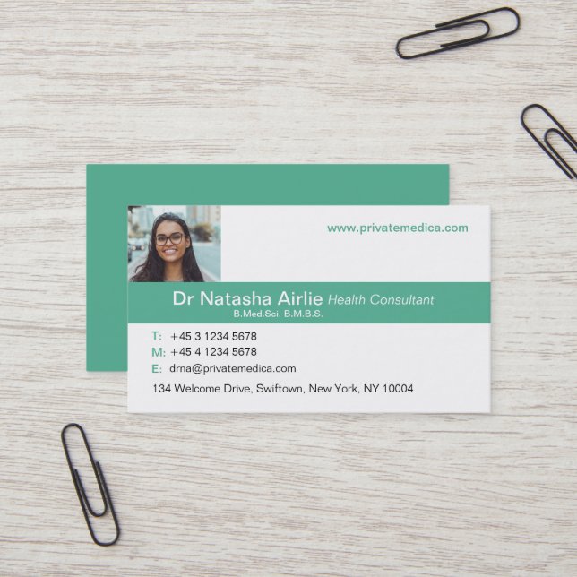 Tarjeta de visita empresarial simple verde/blanca  (Anverso/Reverso In Situ)