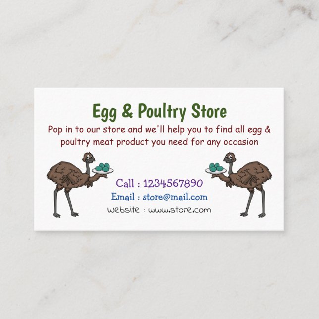 Tarjeta De Visita Emu con ilustracion personalizado de huevos (Anverso)