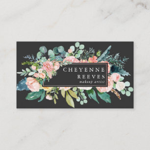Tarjeta De Visita En Flor   Floral Rosado sobre Negro