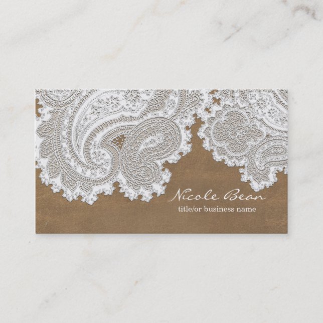 Tarjeta De Visita Encaje Blanco & Castaño Chic Rústico Elegante Boda (Anverso)