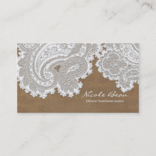 Tarjeta De Visita Encaje Blanco y Marrón Elegante Boda Rústica Chic