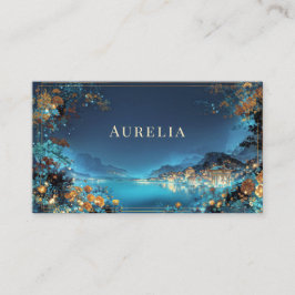Tarjeta De Visita Enchanted Night Floral Cityscape Lake Gold Frame