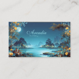 Tarjeta De Visita Enchanted Night Landscape Gold Floral Moon Lake