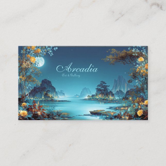 Tarjeta De Visita Enchanted Night Landscape Gold Floral Moon Lake (Anverso)